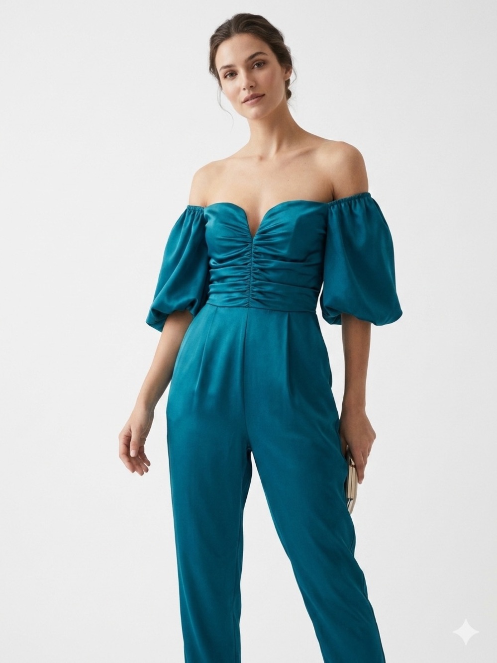 Amanda Uprichard Santucci 100% Silk Jumpsuit Teal Blue Off Shoulder Puff Sleeve